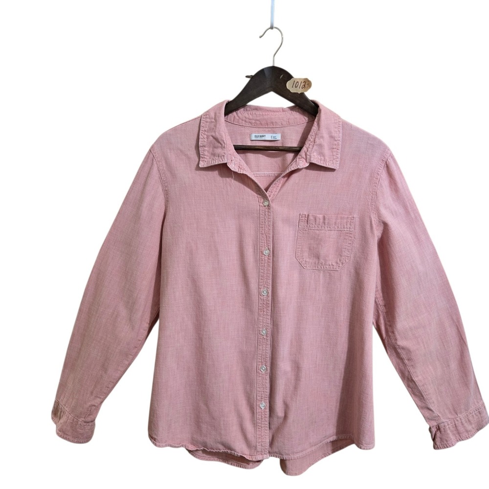 Old Navy Women's Blouse Size XL Pink Longsleeve Button Up V‎ Neck Linen